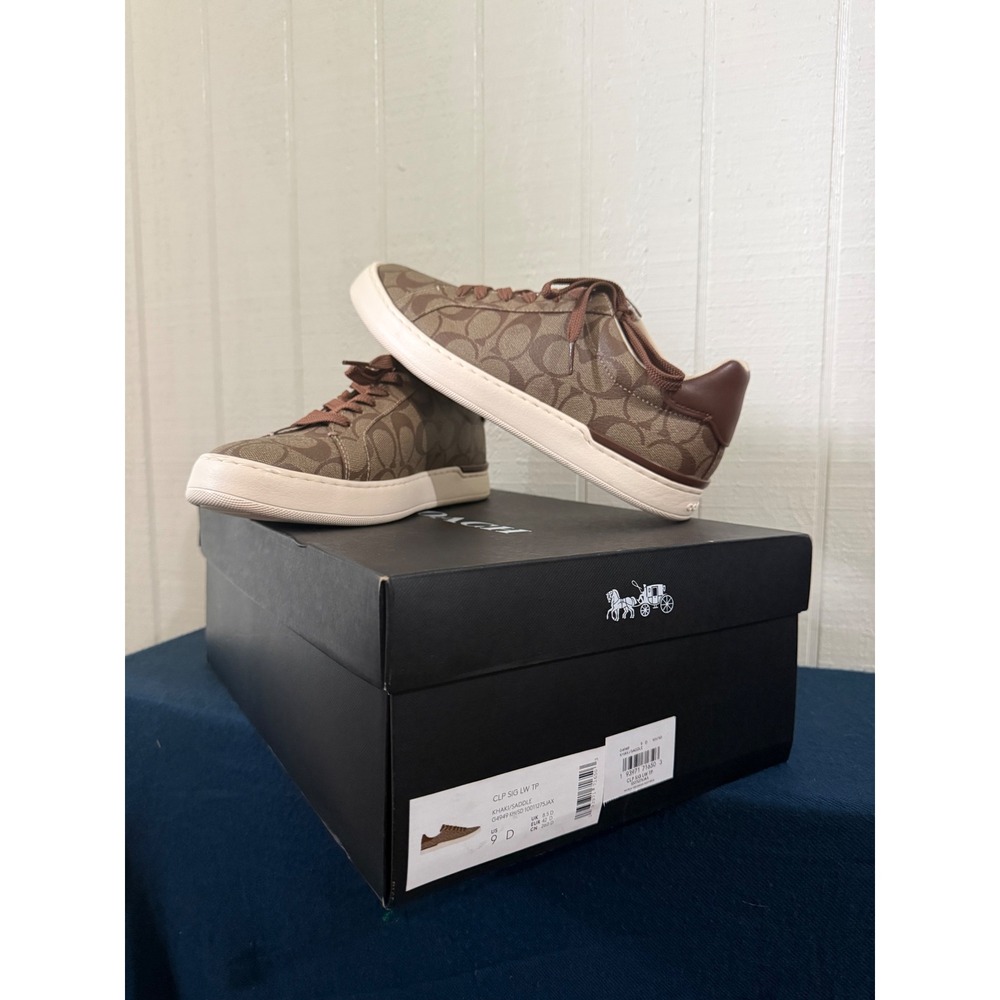 Coach Clip Low Top Sneakers Khaki Saddle Signature Jacquard G4949 Mens 9D
